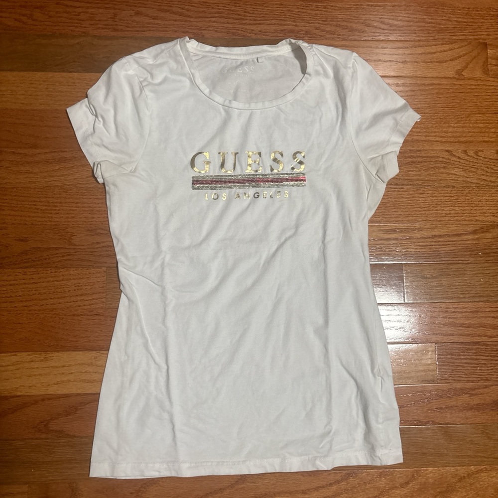 Guess White and Gold Fitted Short Sleeve Tee